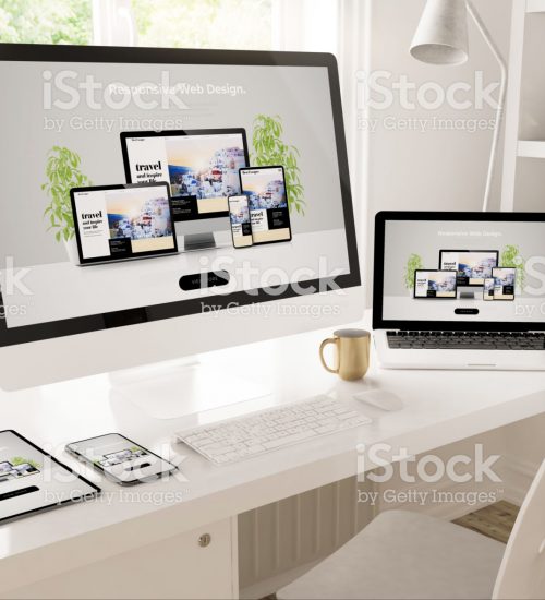 Responsive devices on home office setup 3d rendering Responsive devices on home office setup 3d rendering